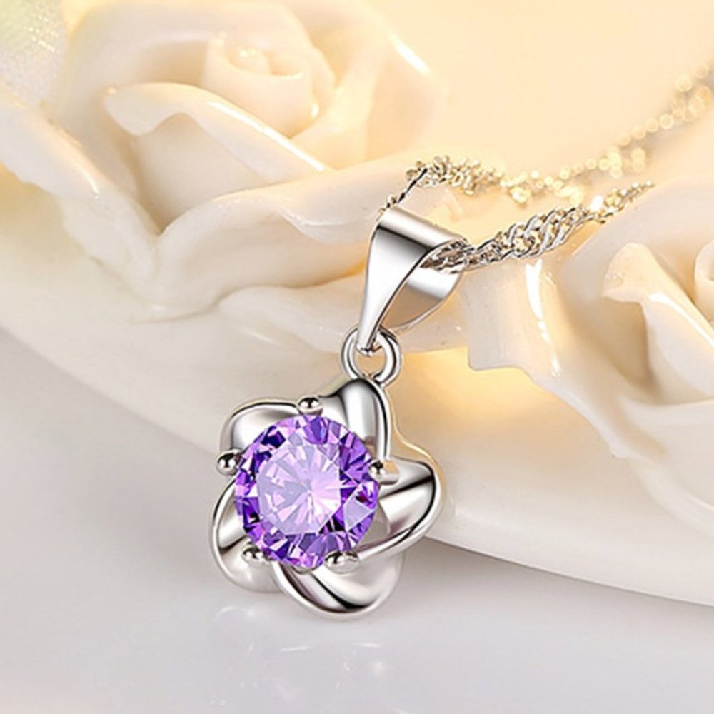 925 Sterling Silver Crystal Zircon Flower Pendant Necklacefor Woman, K137